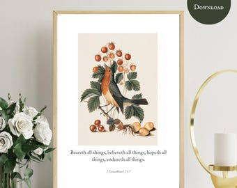 Beareth All Things, 1 Corinthians 13:7 Digital Print Wall Art with Vintage Bird and Botanical Illustration, KJV Bible Scripture Home Decor