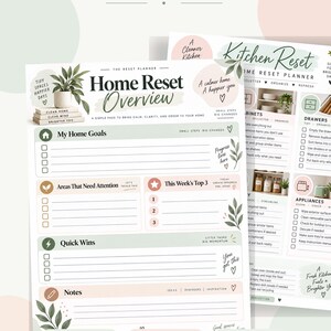 May include: The Home Reset Planner features 10 printable pages measuring 21.6 x 27.9 cm. The pages include sections for Home Goals, Areas That Need Attention, Top 3 tasks, Quick Wins, and Notes, decorated with green leaf illustrations and text.