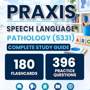 Peut inclure: Une couverture de guide d'étude pour Praxis Speech Language Pathology (5331) avec le texte 180 Flashcards et 396 Practice Questions. Le design inclut des rectangles bleu foncé, du texte blanc et cinq icônes circulaires sur la parole et le cerveau.