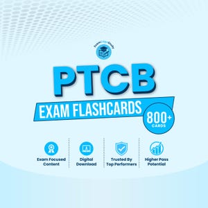 Può includere: Una grafica digitale per le flashcard dell'esame PTCB con il testo ExamEdgeStudy, PTCB e 800+ Cards. Quattro icone circolari mostrano le etichette: Exam Focused Content, Digital Download, Trusted By Top Performers e Higher Pass Potential.