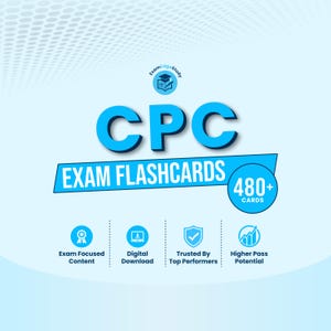 Pode incluir: Um gráfico digital azul claro com o texto CPC EXAM FLASHCARDS e 480+ CARDS. Os ícones incluem um capelo, um símbolo de download, um escudo com uma marca de verificação e um gráfico ascendente com etiquetas de conteúdo.
