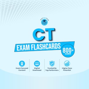 Könnte beinhalten: Eine digitale Grafik für CT-Prüfungskarten mit dem ExamEdgeStudy-Logo, dem Text CT EXAM FLASHCARDS und einem Kreis mit der Aufschrift 800+ CARDS. Vier Symbole darunter stehen für prüfungsorientierte Inhalte, digitalen Download und hohes Vertrauen.