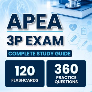 May include: A study guide for the APEA 3P EXAM featuring a stethoscope on a book, 120 flashcards, and 360 practice questions. The design includes medical icons like a heart, clipboard, pill, and syringe on a blue and white background.