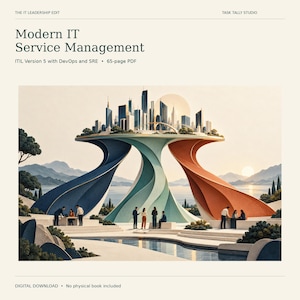 May include: A 65-page PDF titled Modern IT Service Management, ITIL Version 5 with DevOps and SRE. The cover features a surreal illustration of a city skyline atop three large, twisted, colorful pillars in blue, teal, and orange, with people nearby.