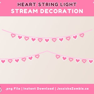 May include: Two pink heart-shaped string lights with a white outline. The lights are strung on a white string and are arranged in a curved shape. The image is on a pink background.