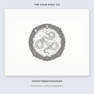 May include: A black and white digital illustration featuring a central snake coiled within a circular frame. The frame is decorated with celestial motifs including suns, moons, and stars. The text THE CALM PIXEL CO appears at the top, with Instant Digital Download and 5 Print Sizes + 2 Phone Wallpapers at the bottom.