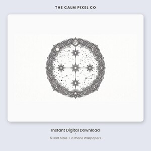 May include: A black and white digital illustration featuring a circular mandala design with celestial motifs including stars, moons, and constellations. The text THE CALM PIXEL CO appears at the top, with Instant Digital Download at the bottom.