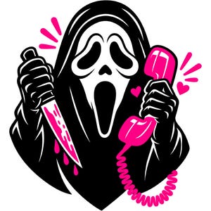 May include: A graphic illustration of a hooded figure with a white mask featuring a long open mouth and dark eyes. The figure holds a bright pink telephone handset in one hand and a knife with a bright pink blade in the other, with pink hearts.