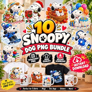 May include: A digital collection of 10 Snoopy character illustrations featuring various seasonal themes, including a picnic, winter sports, autumn harvest, and birthday celebrations, displayed on white t-shirts, mugs, and a tote bag.