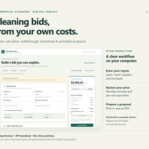 Può includere: Un kit di strumenti digitale per la pulizia commerciale con un'interfaccia software per il calcolo dei preventivi. Lo schermo mostra campi di input per manodopera, viaggi e forniture, con un prezzo mensile di 2.566,43 $ e una proposta stampabile.