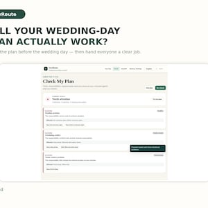 Può includere: Un'interfaccia digitale per VowRoute che mostra una dashboard Check My Plan con lo stato Needs attention. Lo schermo elenca conflitti di pianificazione e problemi di scadenza in testo scuro su sfondo chiaro, con un pulsante verde scuro Re-check.