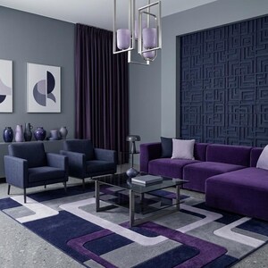 Hand-tufted modern rug, geometric purple and navy area rug, contemporary interlocking frames rug