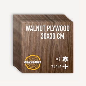 May include: A stack of eight square walnut plywood sheets, each measuring 30x30 cm with a thickness of 2 mm. The text WALNUT PLYWOOD 30X30 CM is printed on the front, along with a yellow CarveCut logo and icons indicating the quantity and thickness.
