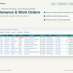 Pode incluir: Um modelo de planilha digital intitulado Maintenance & Work Orders da SheetwellStudio. A interface exibe uma tabela com colunas para número da solicitação, data, unidade, categoria, prioridade, descrição, data alvo e status.