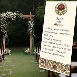 Może przedstawiać: Pionowa karta z programem ślubnym na kremowym tle, z ilustracją ciemnoczerwonej róży u góry i kwiatową bordiurą u dołu. Tekst brzmi Jane and Gavin, a po nim następuje lista punktów ceremonii, takich jak Prelude, Processional, Welcome, Wedding Message, Exchange of Vows and Rings, Announcement of Marriage, Presentation of Couple oraz Recessional.