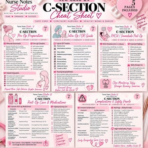 May include: A five-page digital nursing cheat sheet set titled New Grad RN C-Section Cheat Sheet. The pink and white documents feature detailed medical checklists, timelines, medication tables, and safety protocols for pre-op, intra-op, and post-op care.