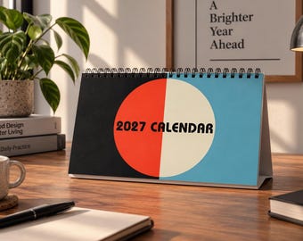 Calendário Digital 2027, Planejador Minimalista Bauhaus, Calendário Anual Imprimível, Organizador de Mesa Moderno