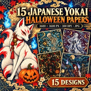 Può includere: Una collezione digitale intitolata 15 Japanese Yokai Halloween Papers che presenta una volpe bianca a più code con segni rossi, una zucca di Halloween e quattro immagini quadrate che mostrano scheletri, spiriti e motivi giapponesi.