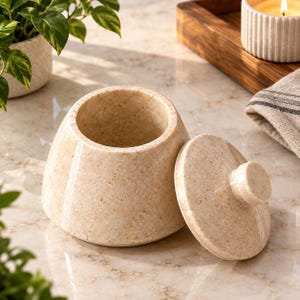 Puede incluir: Un recipiente de piedra beige moteado con una tapa circular a juego que incluye un pequeño pomo. El contenedor tiene una base ancha y redondeada con un acabado pulido y suave, mostrando motas minerales naturales en toda la pieza.