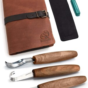 Wood Spoon Carving Tool Set – Sloyd Knife, Hook Knife, Gouge, Leather Case & Strop