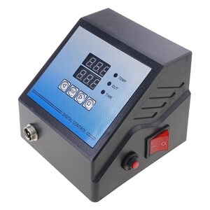 May include: A black digital control box featuring a blue angled interface panel with two LED displays, four navigation buttons, and indicator lights for TEMP, OUT, and TIME. The unit includes a side-mounted red power switch and a circular port.