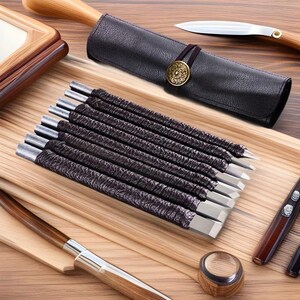 May include: A set of eight metal wood carving chisels with dark textured wrapped handles arranged in a row. Includes a black leather roll case with a gold-toned circular emblem, a wooden-handled knife, and a small wooden ring-shaped stand.