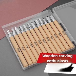 May include: A set of twelve carving tools with light-colored wooden handles and metal blades, arranged in a clear plastic storage case. Each handle is printed with the text DELIXI ELECTRIC. The tools feature various blade shapes for carving.