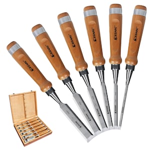 May include: A set of six wood chisels with wooden handles and metal ferrules, each marked with the EZARC brand and specific sizes in inches and millimeters. The set includes a wooden storage box with individual slots for each tool.