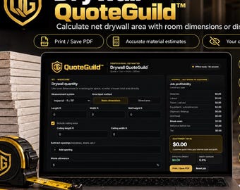 Calculadora de presupuestos para paneles de yeso QuoteGuild™, herramienta para calcular costos y ganancias / Descarga digital sin conexión