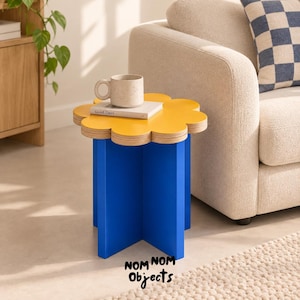 Blue Yellow Flower Stool, Colorful Wooden Stool  Side Table, Sculptural Accent Furniture, Small Geometric Stool, Dopamine Decor