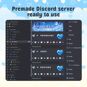 May include: A digital interface for a Discord server featuring a dark theme with blue accents. The layout includes a channel list on the left, a central area with dropdown menus for roles like pronouns, ages, and regions, and a member list on the right.