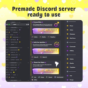 Pode incluir: Uma interface digital para um servidor Discord com tema escuro e o texto Premade Discord server ready to use. O layout inclui listas de canais, botões de funções e categorias para pronomes, idade e região dos membros.
