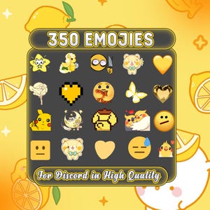Puede incluir: Una colección digital de 350 emojis mostrada sobre un fondo gris oscuro con bordes amarillos. El conjunto incluye varios iconos amarillos, pixel art, animales y expresiones faciales, con el texto 350 EMOJIES y For Discord in High Quality.