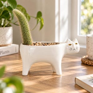 Op de afbeelding: Een witte keramische plantenbak in de vorm van een kat met vier poten en een lange, slanke groene cactus erin. Het kattenfiguur heeft geschilderde gele ogen en zwarte snorharen. De plantenbak is gevuld met kleine bruine steentjes.