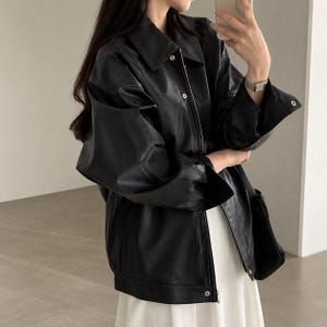 Women's Oversized Black Jacket, Minimalist Faux Leather Look Outerwear