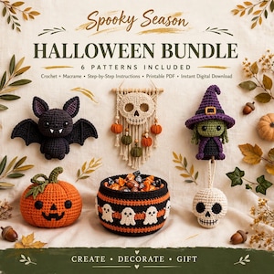 May include: A Halloween bundle digital pattern set featuring text Spooky Season HALLOWEEN BUNDLE 6 PATTERNS INCLUDED. Includes a crocheted black bat, a macrame skull wall hanging, a witch doll, a pumpkin, a ghost-patterned basket, and a skull ornament.