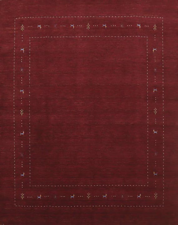Handloom Deep Red Gabbeh Wool Rug with Minimal Tribal Border Motifs | Burgundy Red Handwoven Area Rug | Minimalist Wool Rug | Custom Sizes