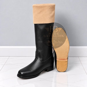 Knee High Boots in Black Leather, Tan Fold-Over Cuffs and Cavalry Riding Style