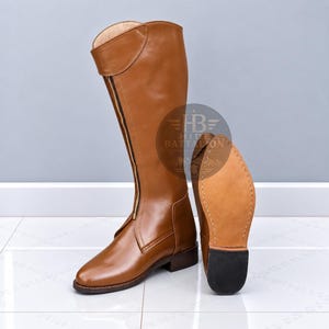 Tan Knee High Boots, Cognac Leather Tall Riding Style with Front Zip