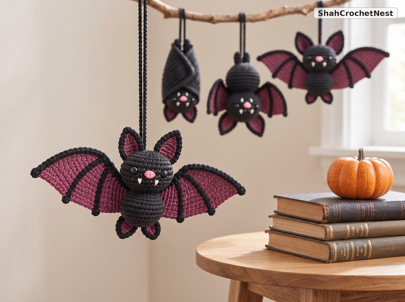 May include: Four crocheted bat ornaments in black and dark purple yarn, featuring small pink noses and white fangs. Three bats hang from a branch, while one hangs in the foreground. A small orange pumpkin sits on a stack of three books nearby.