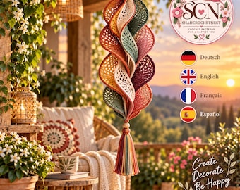 May include: A hanging spiral crochet wind spinner featuring layers of mustard yellow, cream, sage green, and deep burgundy yarn. The ornament is finished with a multi-colored tassel at the bottom and a wooden bead at the top for suspension.