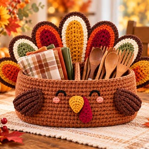 May include: A brown crochet basket shaped like a turkey with a multi-colored tail fan, containing folded plaid napkins and wooden utensils. The turkey face features a yellow beak, a red wattle, and embroidered eyes with pink cheeks.
