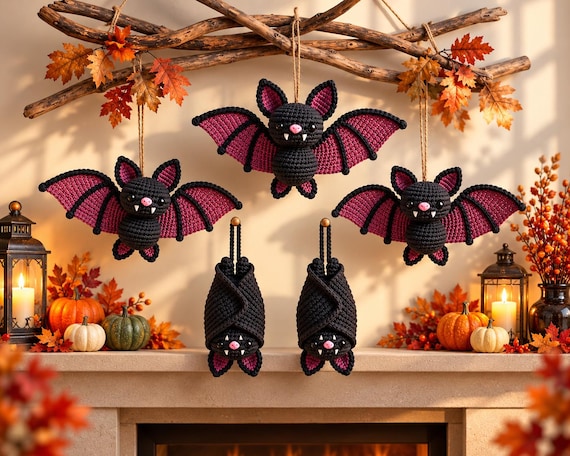 Crochet Bat Pattern PDF, 3 Pose Halloween Bat Colony, Hanging Bat Amigurumi, Gothic Halloween Decor