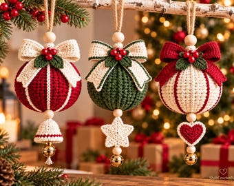 May include: Three handmade crochet Christmas ornaments hanging from a branch. Each sphere features a cream-colored bow, green leaves, and red berries. The ornaments include a crochet bell, star, and heart, each finished with a small gold jingle bell.