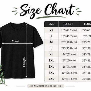 May include: A black t-shirt displayed next to a size chart table. The chart lists sizes XS through 5XL with corresponding chest and length measurements in inches and centimeters. Arrows on the t-shirt indicate where the chest and length are measured.