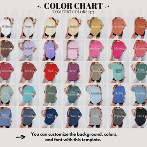May include: A color chart for Comfort Colors 1717 t-shirts displaying thirty-five different shirt colors in a grid layout. Each shirt is labeled with its specific color name, ranging from white and ivory to navy, grey, pepper, and black.