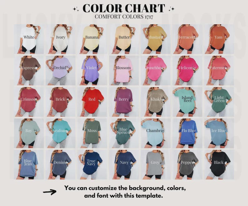 May include: A color chart for Comfort Colors 1717 t-shirts displaying thirty-five different shirt colors in a grid layout. Each shirt is labeled with its specific color name, ranging from white and ivory to navy, grey, pepper, and black.