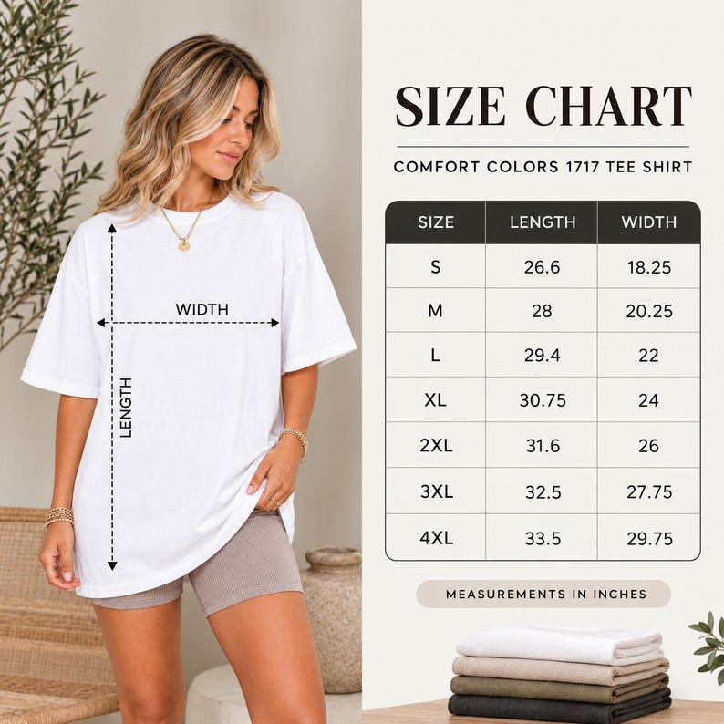 May include: A white short-sleeved t-shirt with a size chart titled Comfort Colors 1717 Tee Shirt. The chart lists sizes S through 4XL with corresponding length and width measurements in inches, ranging from 26.6 to 33.5 inches in length.