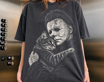 Michael Myers Shirt, Halloween Horror Movie Tee, Michael Myers Holding Cat Shirt, Halloween Gift, Horror Fan Gift, Slasher Movie T-Shirt