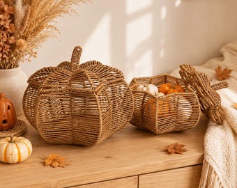 Handgeweven rotan pompoenmand, boho rieten mand, landelijke keukenopbergmand, herfstpompoendecoratie, gezellige herfsttafel, hal, kinderkamer